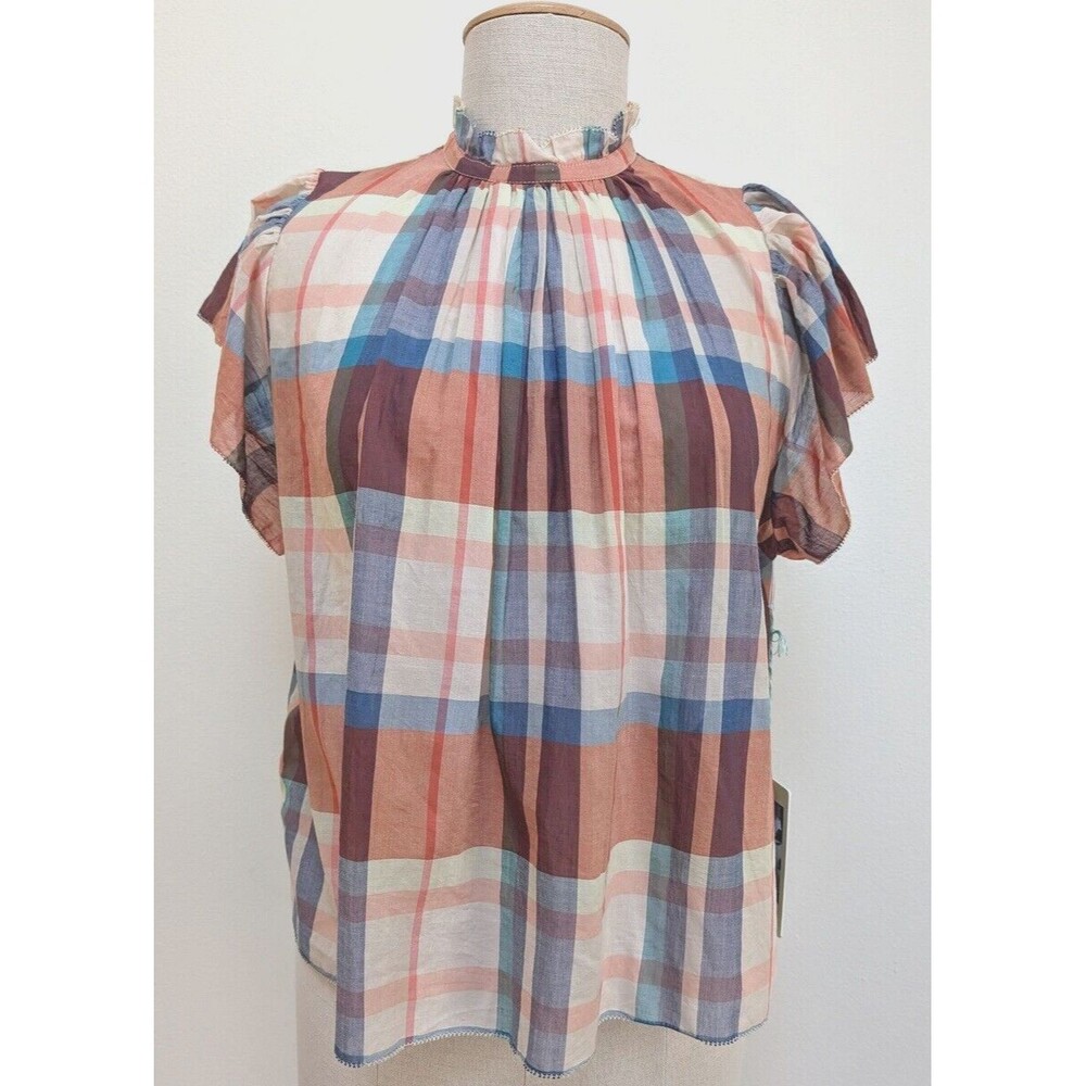 Antropology Trovata Birds of Paradise Carla Shirt Top Sz L Plaid Flutter Sleeves